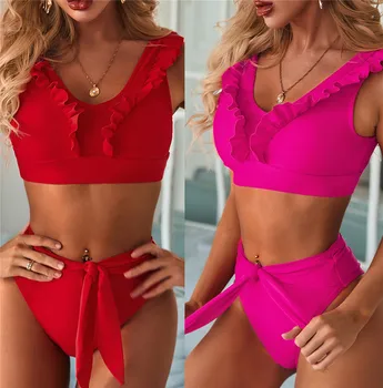 Melphieer Roșu Zburli Bikini Femei costum de Baie 2020 Scrunch Butt set de Bikini Vara pe Plaja, Costume de baie, Dantelă sus bandaj costume de baie
