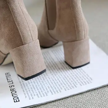 Femei pe piele de căprioară naturale din piele slip-on Chelsea cizme toc gros toamna scurt papuceii de înaltă calitate, de sex feminin glezna cizme pantofi