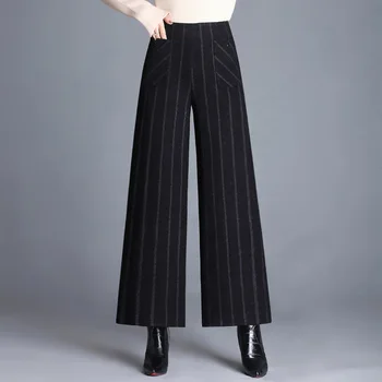 2019 Femei Lână cu Dungi Largi Picior Nouă Pantaloni pentru Femei de Iarnă Casual Cald Talie Mare Vrac Direct Pantaloni Talie Elastic Plus Dimensiune 4XL