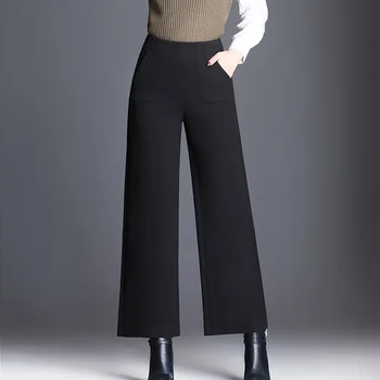 2019 Femei Lână cu Dungi Largi Picior Nouă Pantaloni pentru Femei de Iarnă Casual Cald Talie Mare Vrac Direct Pantaloni Talie Elastic Plus Dimensiune 4XL