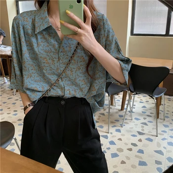 Franceză Retro Floral Albastru Bluza pentru Femei de Vară 2021-coreeană Stil de Design Non-Mainstream de Agrement Scurt Mâneci Bluza