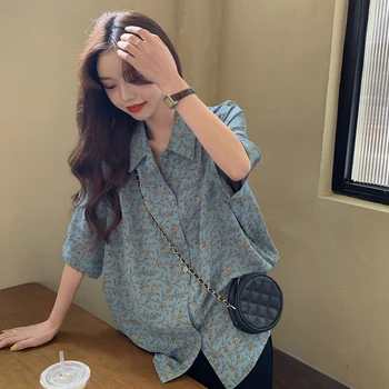 Franceză Retro Floral Albastru Bluza pentru Femei de Vară 2021-coreeană Stil de Design Non-Mainstream de Agrement Scurt Mâneci Bluza