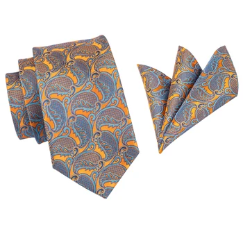 Hi-Cravată Galben Paisley Cravate de Mătase pentru Bărbați Țesute manual Gri Floral 9cm Largă de Mare Cravată, Batistă Set 160cm timp Mare de Bărbați Cravata CZ-11