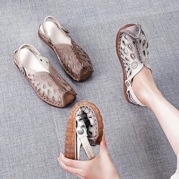 OUKAHUI Vintage Piele naturala Sandale Gladiator Femei de Vară 2020 Papuci Pantofi Gol Afară Capacul Toe Sandale Plate Pentru Femei