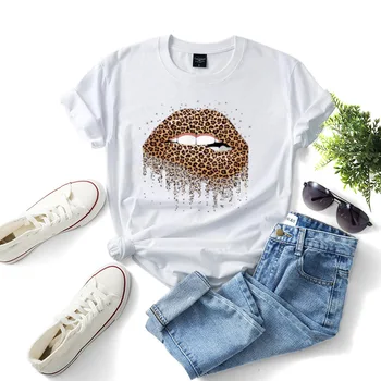 Bumbac Leopard Buzele Imprimare Femei T-Shirt De Cauzalitate Liber Maneci Scurte De Vară De Moda Streetwear Feminin Teuri De Sus W735