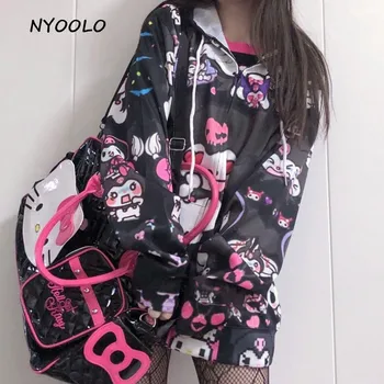NYOOLO Harajuku streetwear drăguț desene animate cu maneca lunga plus dimensiune jacheta cu gluga cu fermoar femei pânză Japonia stil fete dulci îmbrăcăminte exterioară