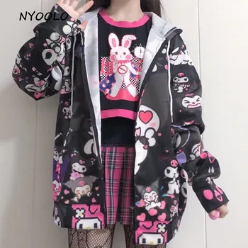 NYOOLO Harajuku streetwear drăguț desene animate cu maneca lunga plus dimensiune jacheta cu gluga cu fermoar femei pânză Japonia stil fete dulci îmbrăcăminte exterioară