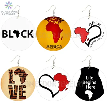 SOMESOOR Dublu Fețe Imprimare Dragoste Harta Africa de Lemn Picătură Cercei Afro Rădăcini Viața Desgin Lemn Legăna Bijuterii Cadouri Pentru Femei