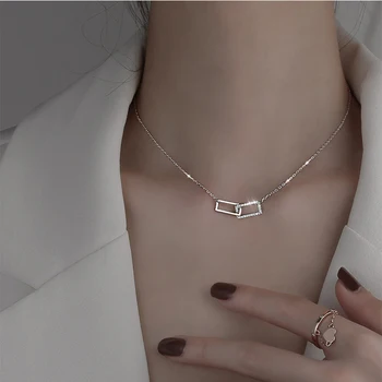 925 Strling Argint Dublu Pătrat Forma Colier Strălucire de Diamant Pandantiv Colier pentru Femei Moda Bijuterii Accesorii Drăguț