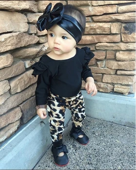 Moda Cool de Fete pentru Copii Haine Set Bumbac Maneca Lunga Topuri Negre+Leopard Pantaloni Casual Copil 2 buc Copil Nou-născut Fete Haine