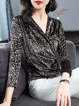 Toamna Femei Bluza Din Catifea Cu Maneci Lungi Sexy Leopard De Imprimare Bluza Lady Office Casual Pierde Topuri Plus Dimensiune