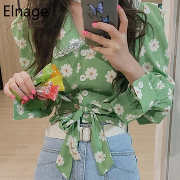Elnage coreean Primavara-Vara Retro Maneca Lunga Bluza Femei Tricou Floare de Imprimare Florale Topuri Șifon Talie Subțire Haine 5A239