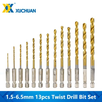 Twist Drill Bit Setat Acoperite cu Staniu 1.5-6.5 mm Pistol Burghiu 13pc 1/4